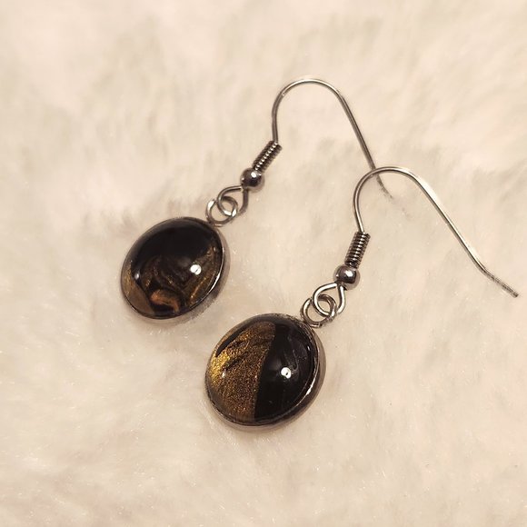 NEW Handmade Black and Gold Acrylic Swirl Drop Earrings - Picture 3 of 3
